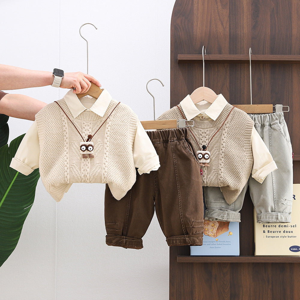 Baby boy spring outfit set, stylish handsome toddlers, 2-piece baby clothing for 1-3 years old, with pendant and sweater, trendy three-piece set