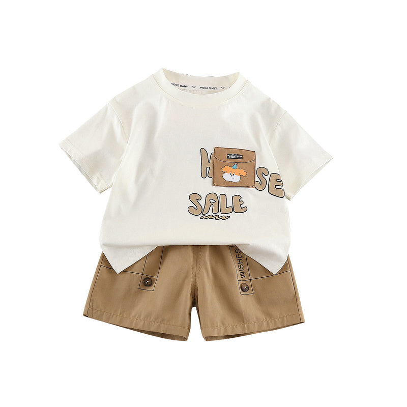Children's 2026 Short-Sleeve New Style Casual Korean Cartoon Pocket Dog Summer Outfit Two-Piece Set for Boys and Girls