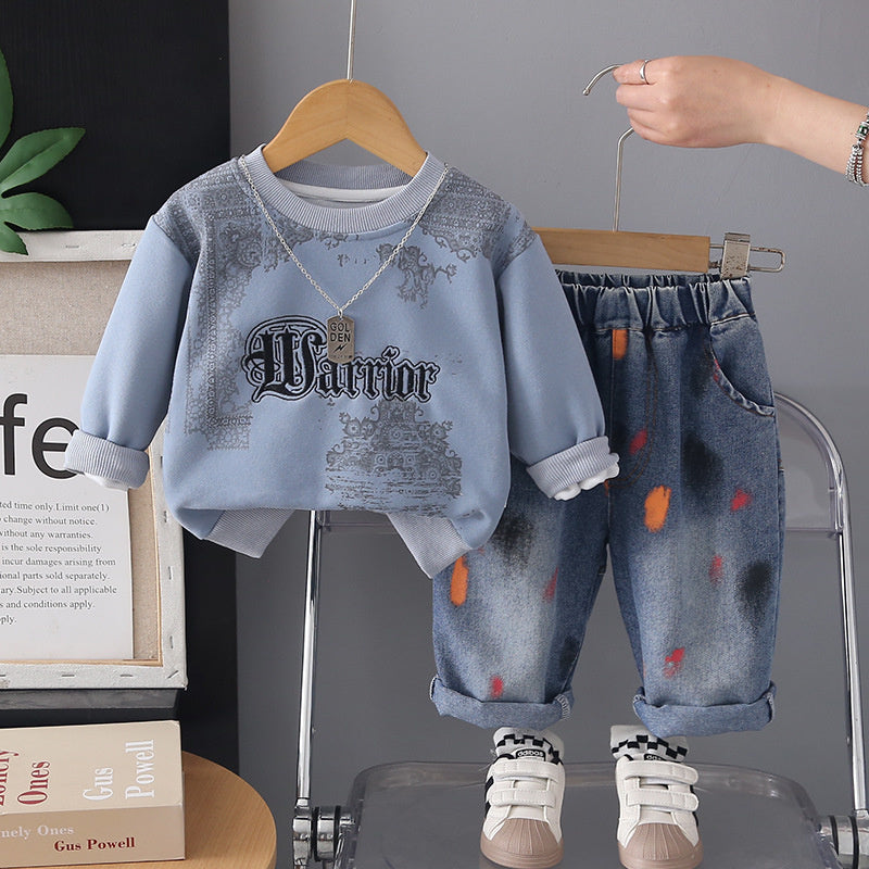 Boys' Autumn Outfit Stylish 2026 New Model, Infant and Toddler Spring/Autumn Printed Sweatshirt, Korean Style Two-Piece Set, Trendy