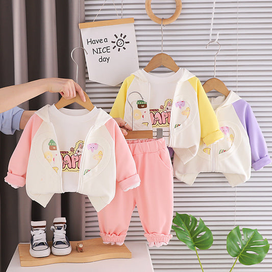 Girls' Outfit 2026 New Fashionable Children's Spring Autumn with Printed Hearts, Little Elephants, and Rabbits - Three-Piece Set