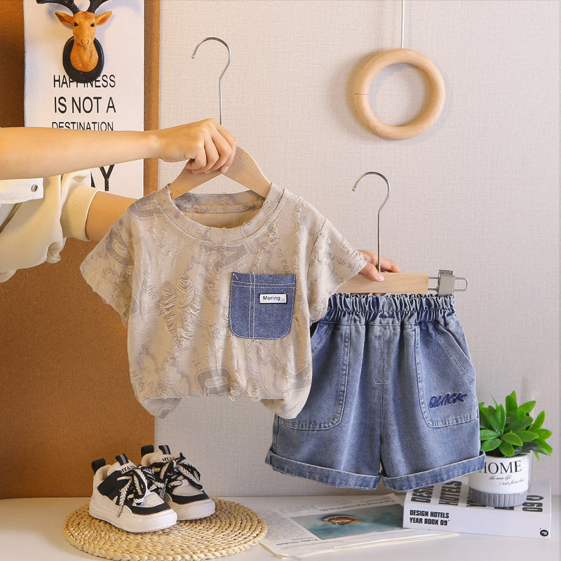 Boys' Summer Outfit 2026 New Thin Denim Pocket Short Sleeve Two-Piece Set for 1-3 Year Olds