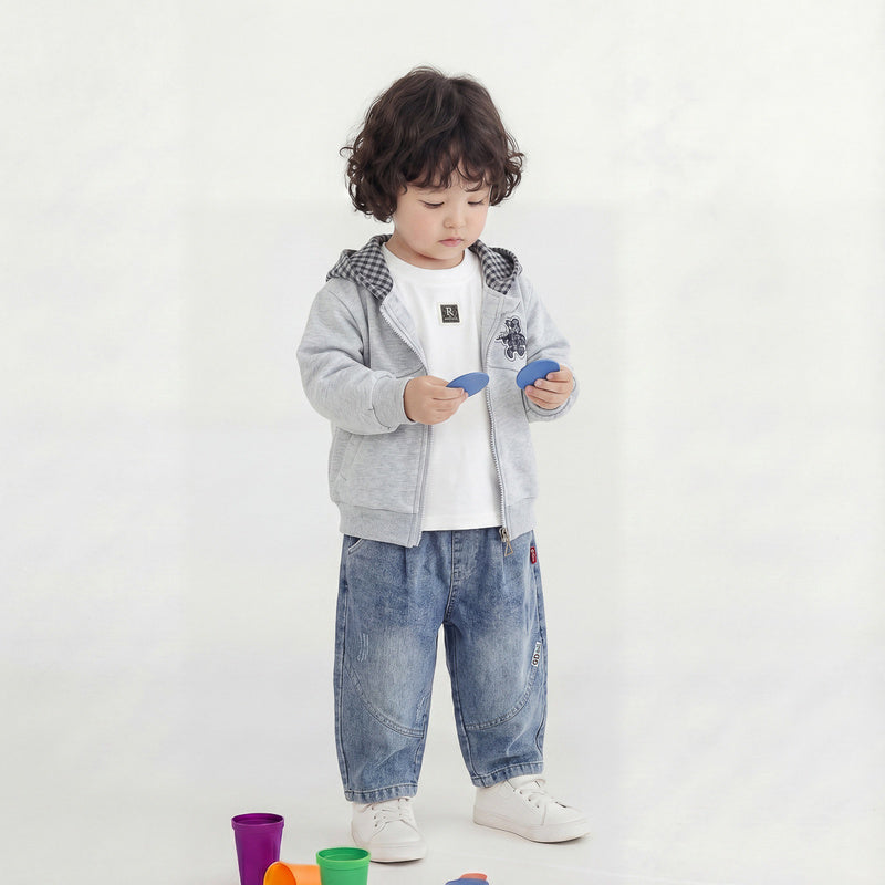 Children's Clothing 1-2-3-4 Years Old Boys Plaid Hooded Bear Three-Piece Set Baby Spring and Autumn Outfit Wholesale