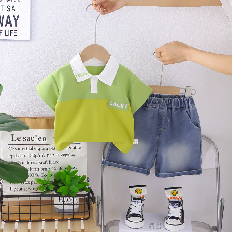 Boys' Summer Outfit: Stylish Color-Block Embroidered Collar Short-Sleeve Clothes, 2026 New Fashionable Baby Children's Two-Piece Set