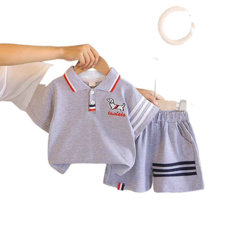 Children's outfit boys: puppy print Polo shirt, short-sleeved, lightweight, stylish two-piece set with shorts for baby boys, casual summer wear