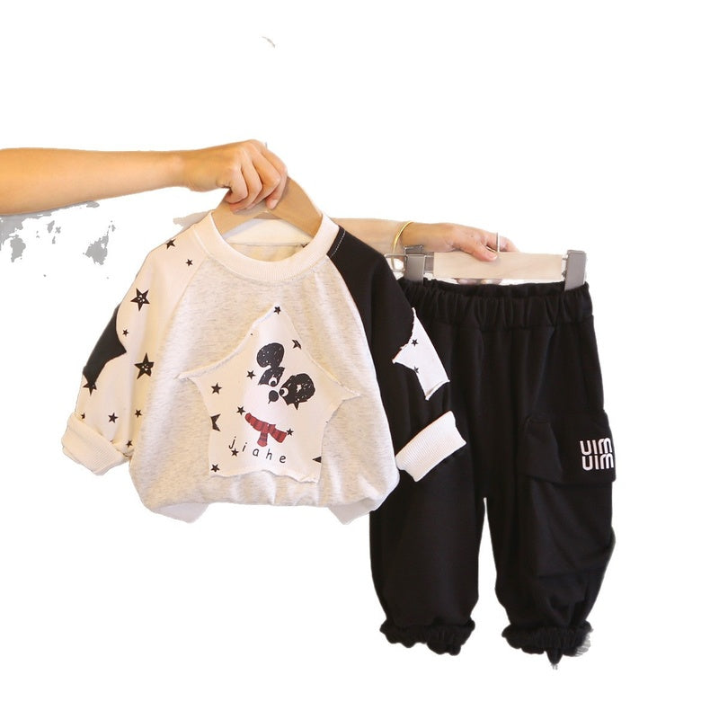 Boys' Spring Autumn Outfit 2026 New Style Puppy Color-Block Sweatshirt and Pants Stylish Casual Two-Piece Set Trendy Children's Clothing
