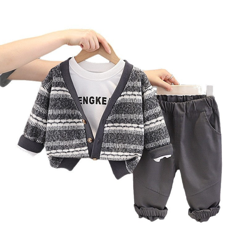 Boys' Suit Spring and Autumn 2026 New Fashionable Long-Sleeve Striped Cardigan Sweater Three-Piece Set Baby Clothes