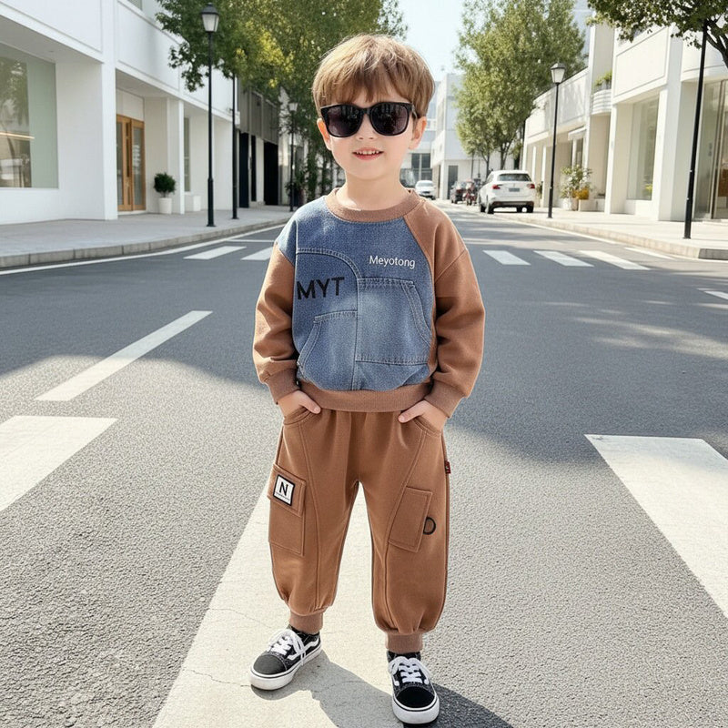 Children's Autumn Clothing for Boys 1-3 Years Old, Cute Outfit, Two-Piece Set with Denim Sleeves, Trendy Baby Clothes 2