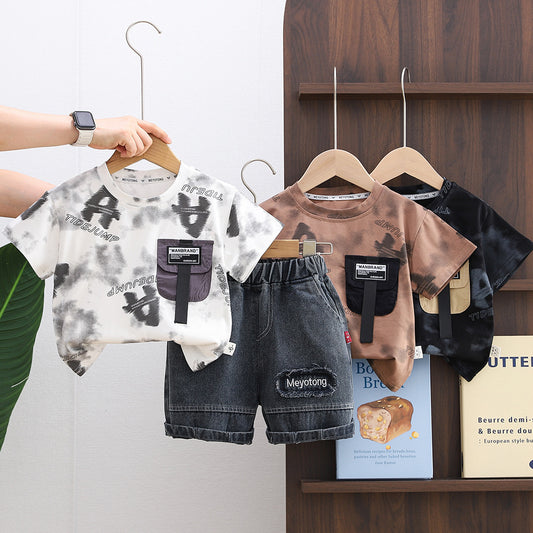 Boys' Outfit 2026 New Style Infant Children's Full-Print Letter Round-Neck Short-Sleeve Two-Piece Set Stylish Baby Summer Wear
