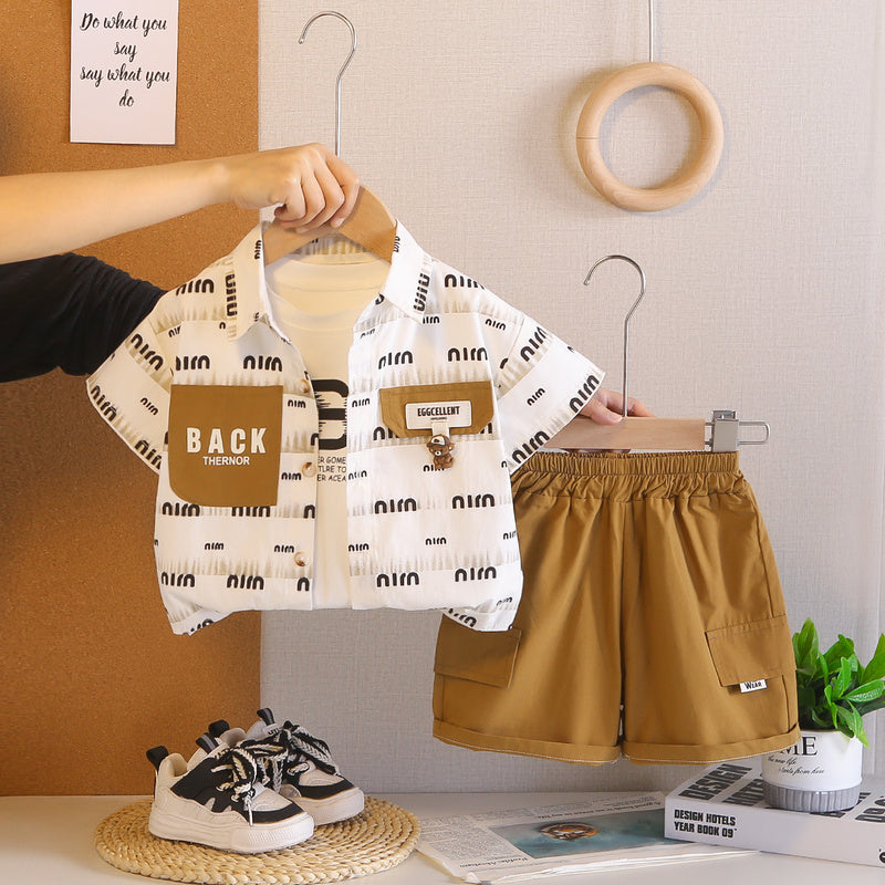 Boys' Short-Sleeve 2026 New Stylish Baby Summer Clothes Trendy Three-Piece Set with Pocket Cover and Bear Design