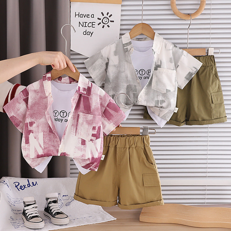 Boys' clothing for ages 1-4, 3-year-old children's wear, 2-year-old baby set, summer letter-print shirt short-sleeve three-piece trendy outfit
