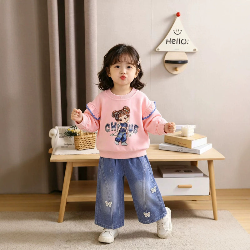Girls' Fashionable Outfit Children's Korean Style Casual Sweatshirt Two-Piece Set, Baby Girl Cartoon Clothes for Spring and Autumn