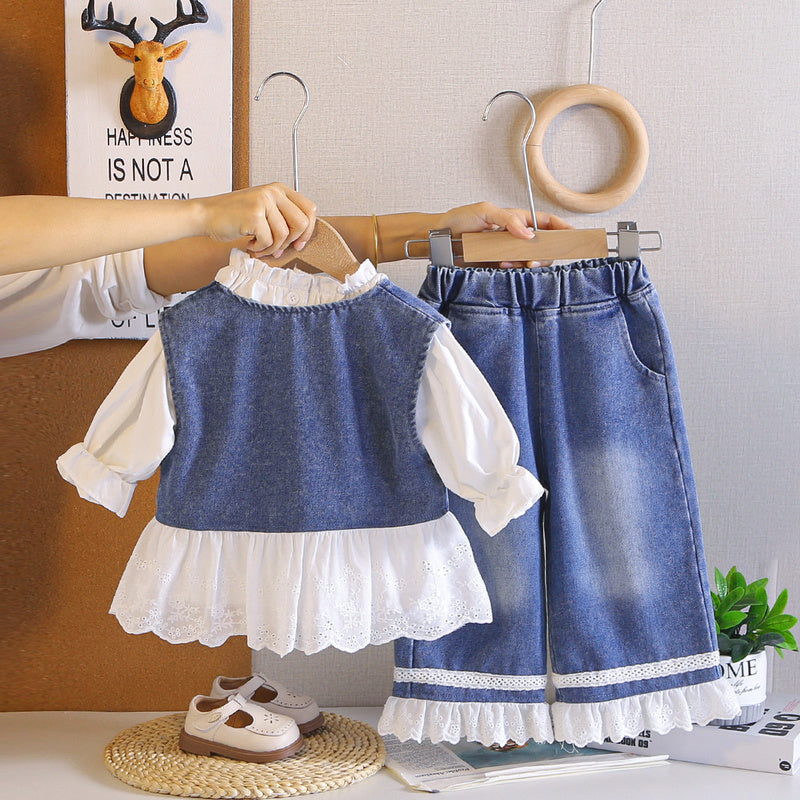 Girls' Outfit 2026 New Fashionable Spring and Autumn Pants, Baby Girl Denim Skirt, Long Sleeve Three-Piece Set