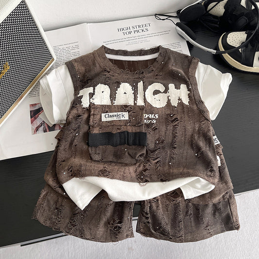 Boys' Outfit 2026 New Fashionable Letter Print Ripped Short Sleeve Baby Summer Shorts Children's Clothing