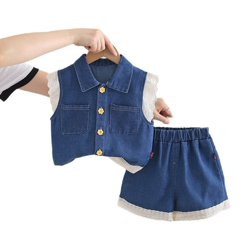 Girls' Outfit Set 2026 New Trendy Cool Children's College Style Denim Vest for Girls Summer Short Sleeve Wholesale