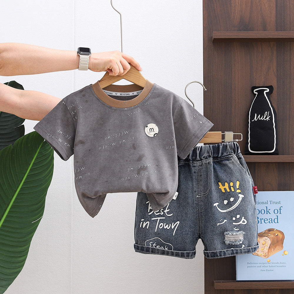 Boys' Outfit Set 2026 New Baby Summer Round-Neck Short-Sleeve Thin Korean Style Two-Piece Trendy Children's Clothing