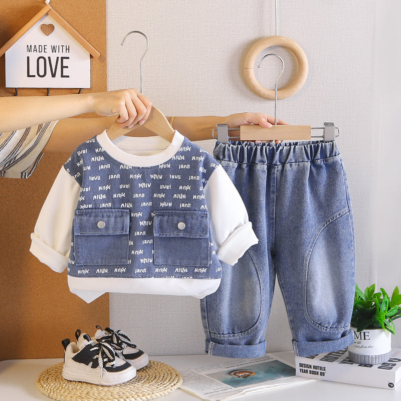 Children's clothing outfit 2026 new model baby boys' spring and autumn full-body letter print sweatshirt two-piece set