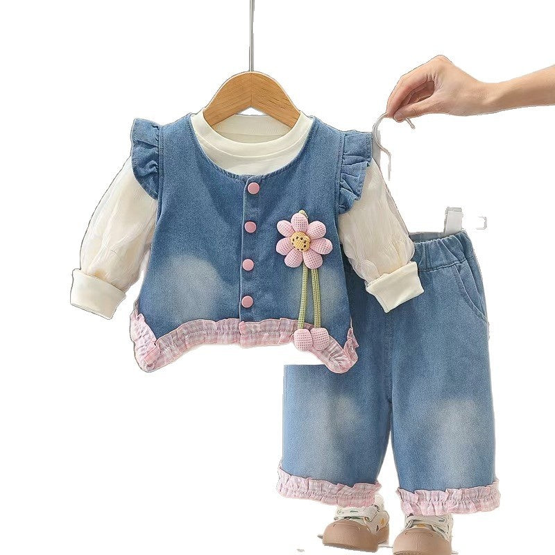 Girls' Outfit Set, Children's Floral Denim Clothes, Fashionable 1-2-3 Year Old Baby Spring and Autumn Three-Piece Set