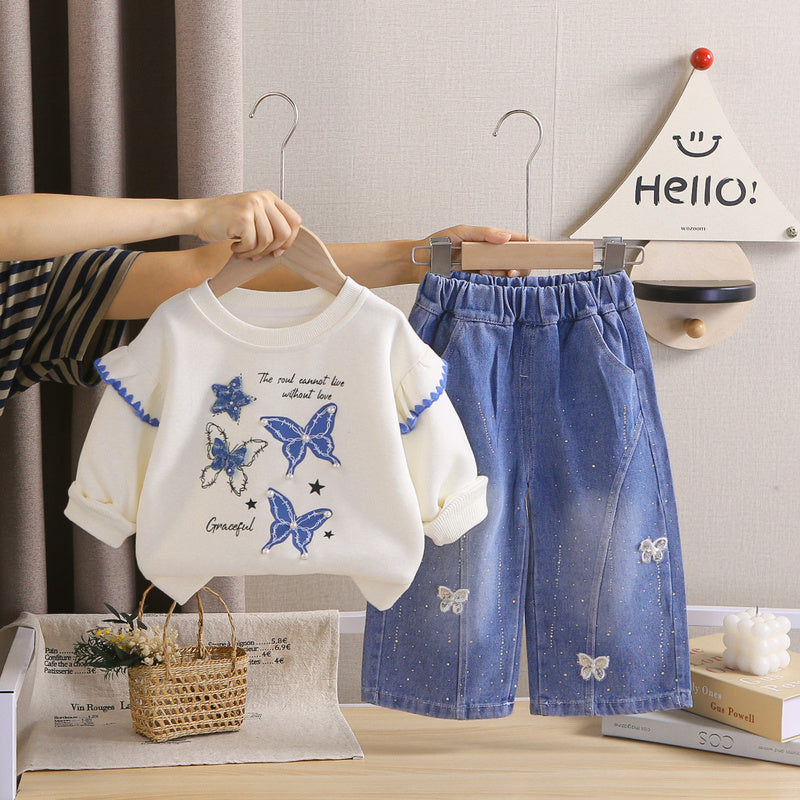 Baby Girl Outfit Set 2026 New Korean Style Children's Clothing with Four Butterflies, Stylish Autumn Sweatshirt for Girls