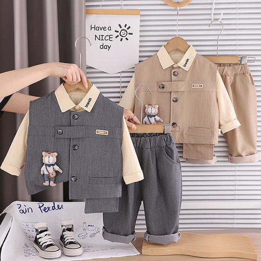 Boys' Stylish Fashion 2026 New Spring and Autumn Long-Sleeve Bear Vest Three-Piece Set for Children Casual Trendy Outfit