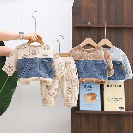 Baby Jacquard Letter Denim Patchwork Sweatshirt 2026 New Model Boys' Spring and Autumn Outfit Set Two-Piece Children's Clothing