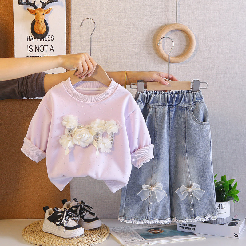 Outfit Set: Stylish Baby Girl Beaded Floral Sweatshirt Two-Piece Set for Infants Young Girls' Spring and Autumn Clothing