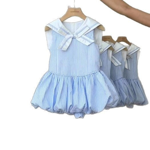 Girls' French Navy Collar Blue Striped Dress, Stylish and Elegant Slim Fit Bud Dress N222