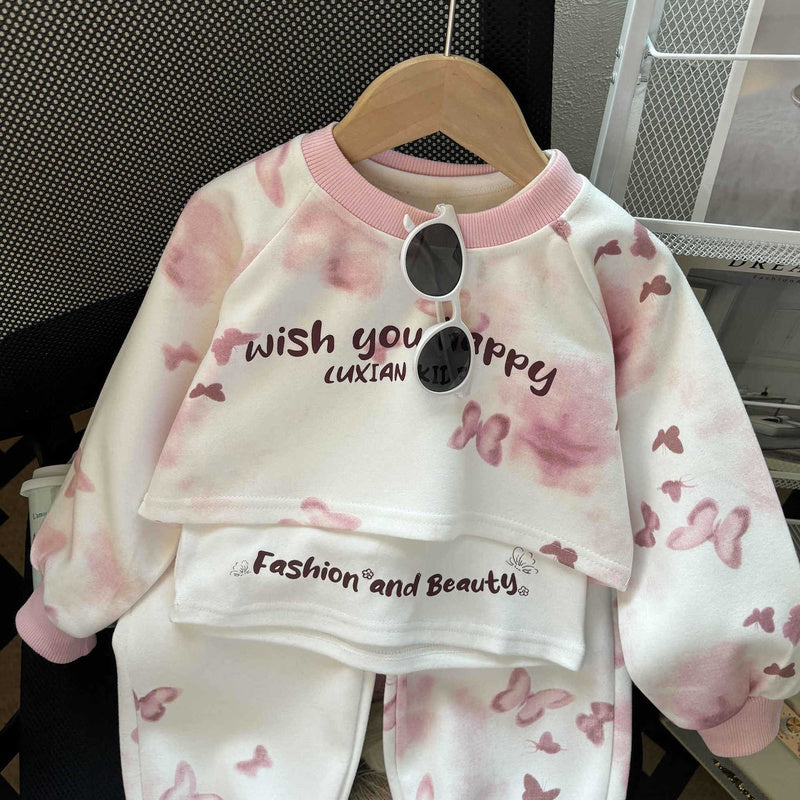 Autumn Girls' Korean Cotton Three-Piece Set Fashionable Big Baby Girl Clothing Tie-Dye Versatile Princess Style