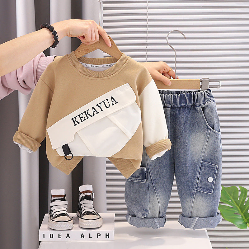 Boys' Spring Outfit Baby Spring-Autumn Two-Piece Set 2026 New Large Pocket Sweatshirt for 1-3 Year Olds Trendy Children's Clothing