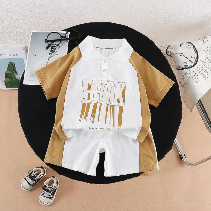 Children's Summer Outfit 2026 New Model for Young Boys, Collared Color-Block Letter Print Short Sleeve Shirt and Shorts Two-Piece Set, Trendy