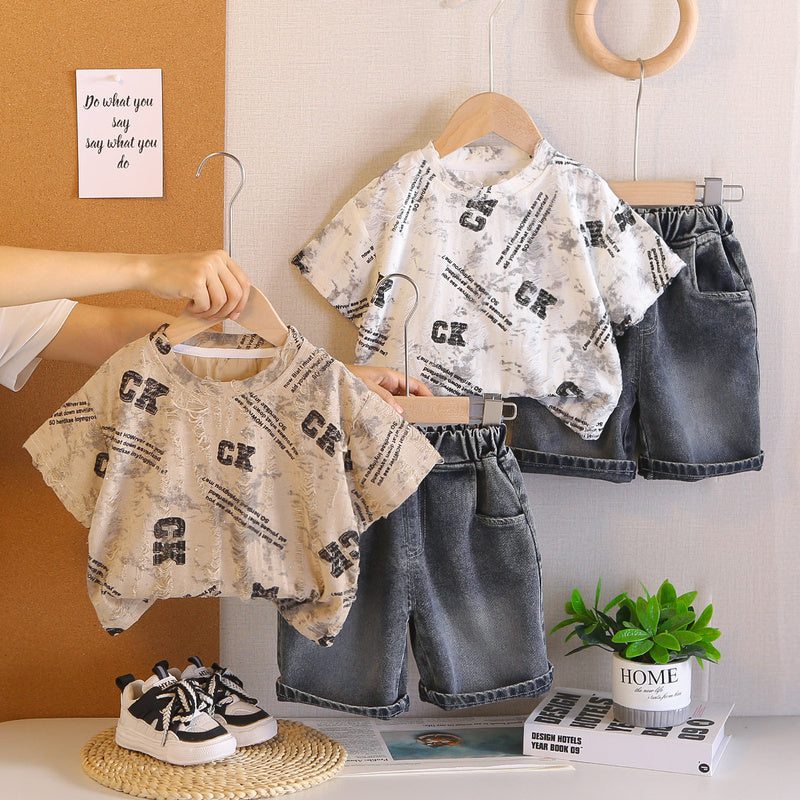 Boys' Outfit: Baby Boy Letter Print Round Neck Short Sleeve T-shirt and Denim Shorts Two-Piece Summer Set, Trendy Children's Clothing