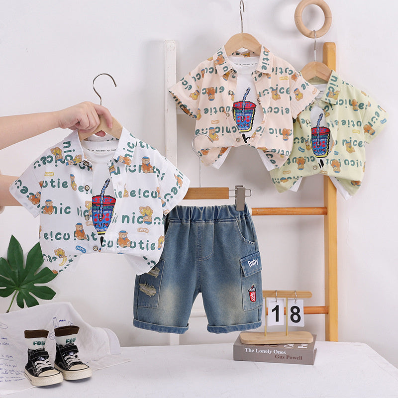 Boys' Outfit 2026 New Fashionable Baby Summer Letter Bear Cardigan Three-Piece Set Infant Children's Clothing