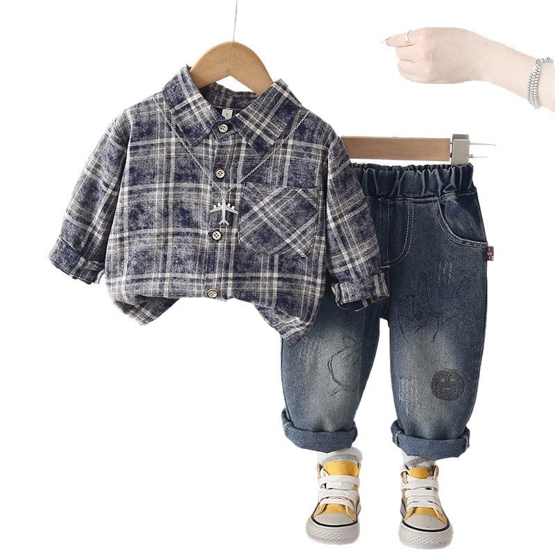 Boys' Outfit 2026 New Style Baby Plaid Shirt Two-Piece Set Stylish Children's Spring and Autumn Clothing Trendy
