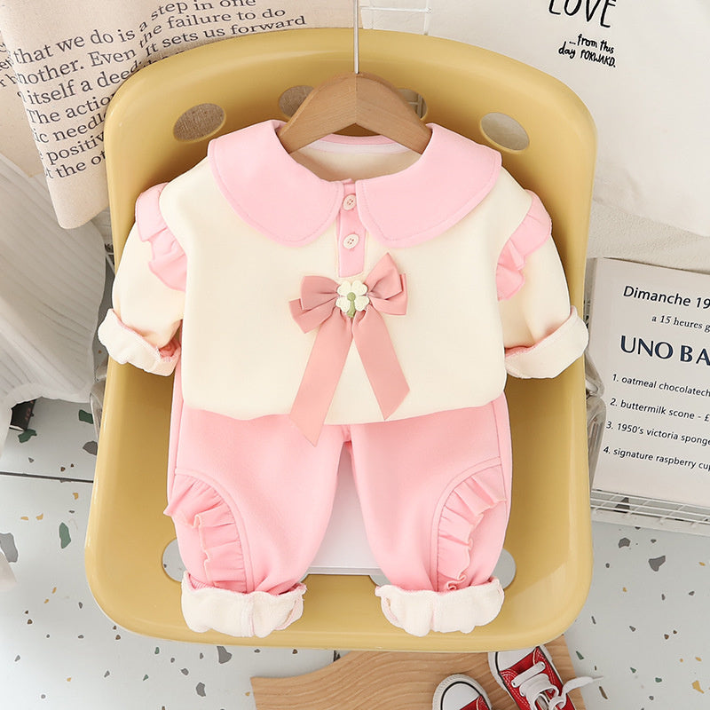 Baby Fleece-Lined Bunny Bowknot Sweatshirt for Girls, 2025 New Autumn/Winter Thickened Infant Two-Piece Set