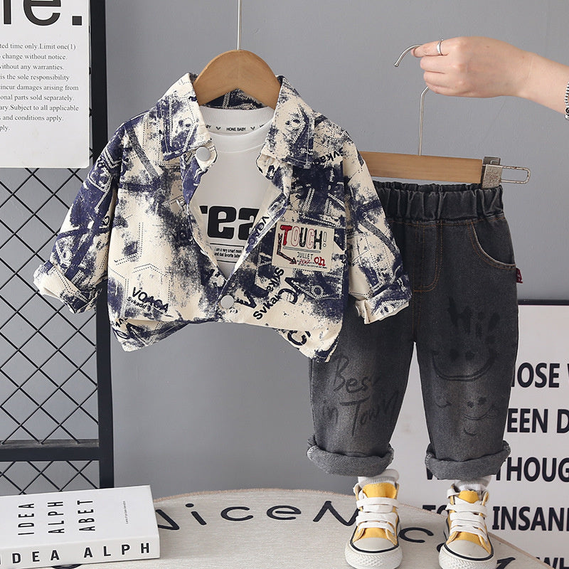 Boys' Spring and 2026 New Fashionable Children's Baby Toddler Infant Autumn Outfit Pocket Label Jacket Three-Piece Set