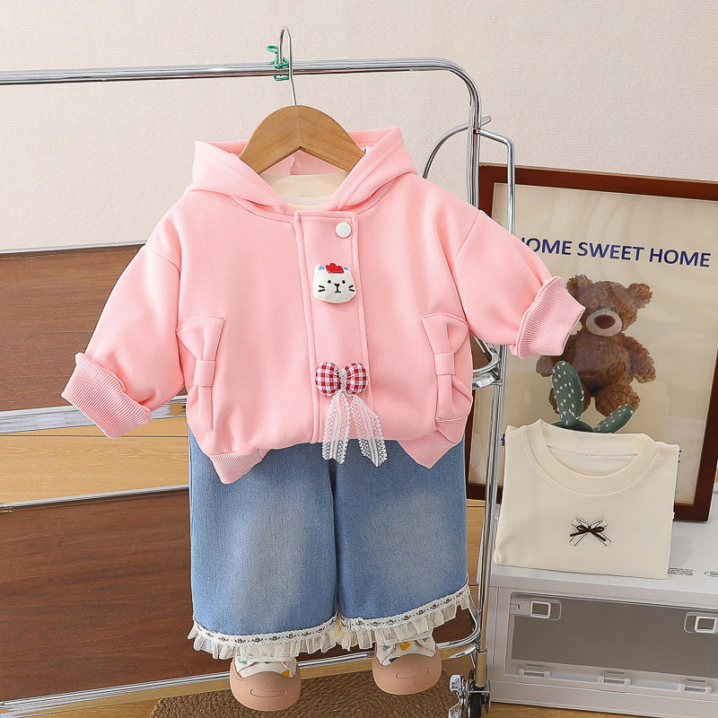 Girls' Spring Outfit 2026 New Fashionable Children's Crown Cat Three-Piece Set Little Girl Clothes Baby Coat