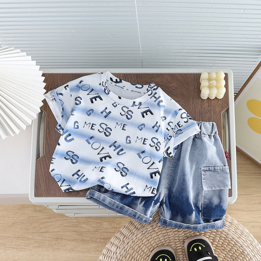 Boys' Summer Outfit 2026 New Fashionable Infant Toddler Casual Tie-Dye Short Sleeve Denim Shorts Two-Piece Set