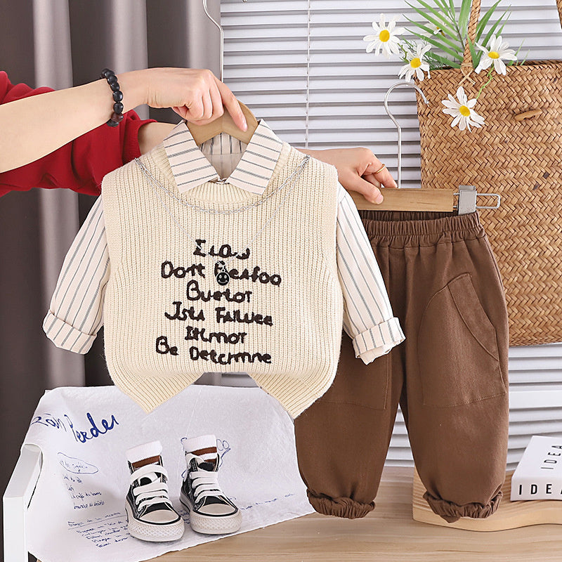 Boys' and Autumn Three-Piece Sweater Set, Children's Casual Long-Sleeve Clothing, Fashionable Spring Outfit for Kids