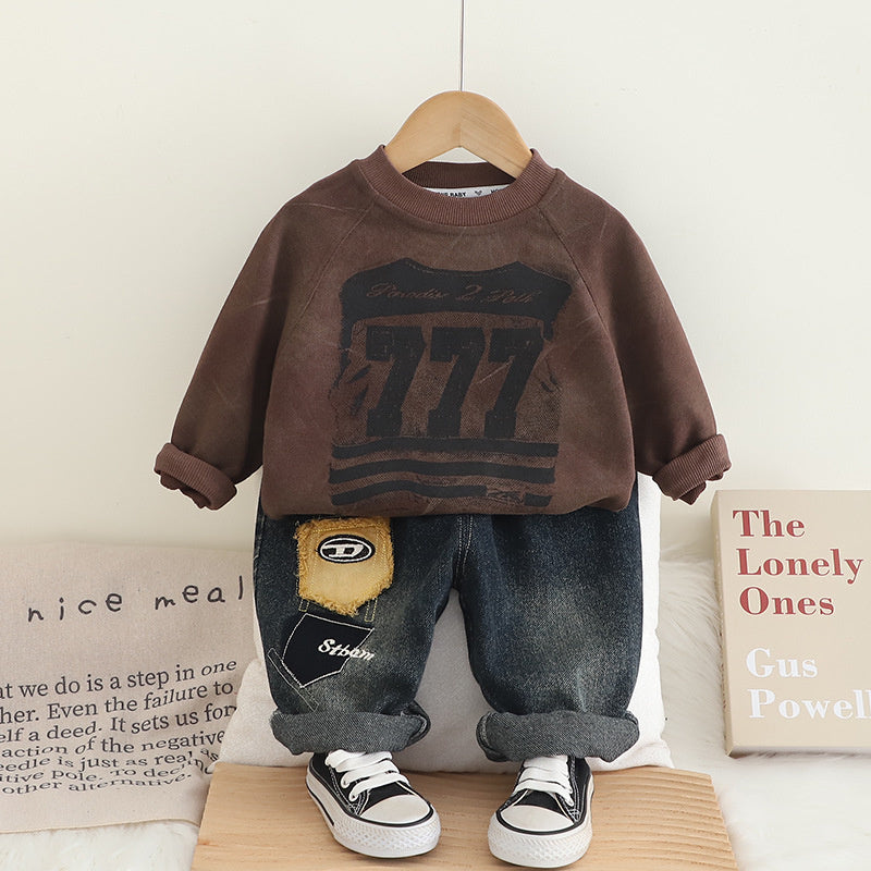 Boys' and Autumn 2025 New Children's Digital Round Neck Sweatshirt Toddler Spring Outfit Baby Clothes Two-Piece Set