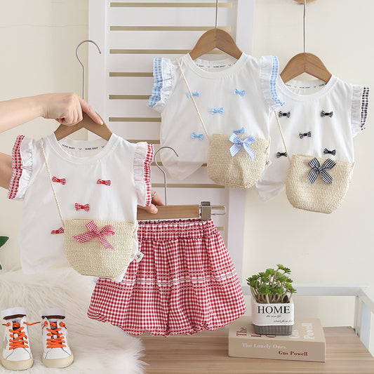 Girls' Outfit: Stylish and Fashionable Children's Clothing, Summer Bow Short-Sleeve Two-Piece Set for 1-Year-Old Baby Girls