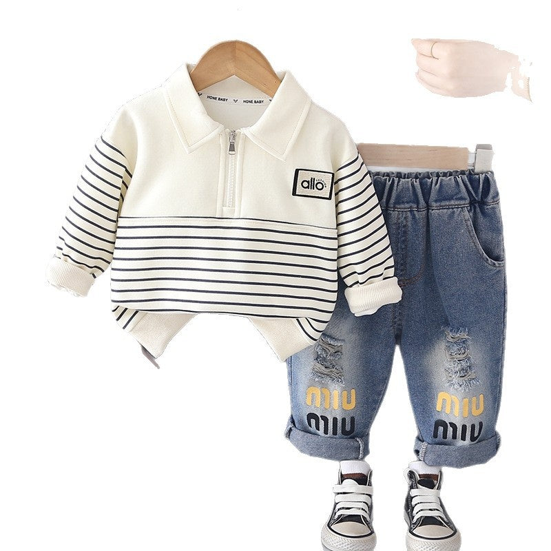 Boys' Spring 2026 New Stylish Set for 1-3 Year Olds, Baby Two-Piece Outfit with Half-Zip Long Sleeve Clothes