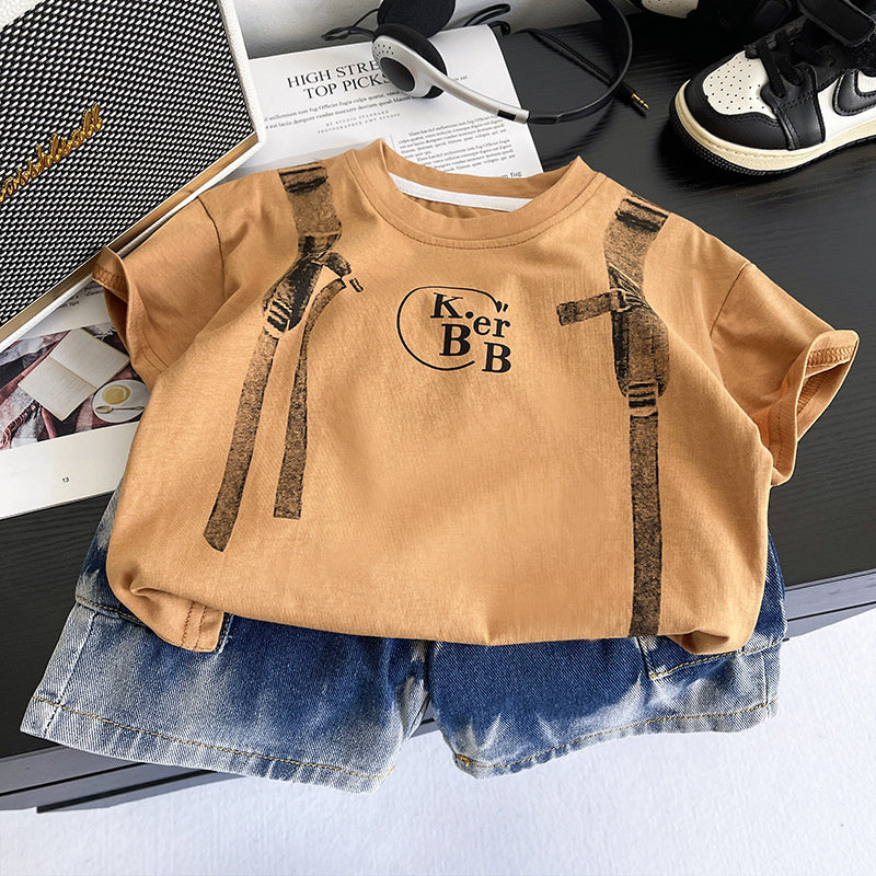 Boys' Outfit 2026 New Style Children's Faux Suspender Short Sleeve Baby Summer Thin Clothing Two-Piece Trendy Set