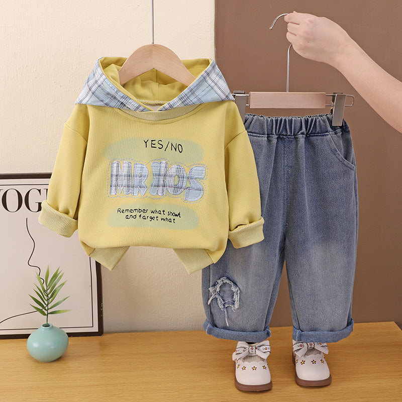 Boys' Outfit: Children's Plaid Letter Hoodie Jeans Two-Piece Set for 1-3 Year Olds, Spring and Autumn Clothing