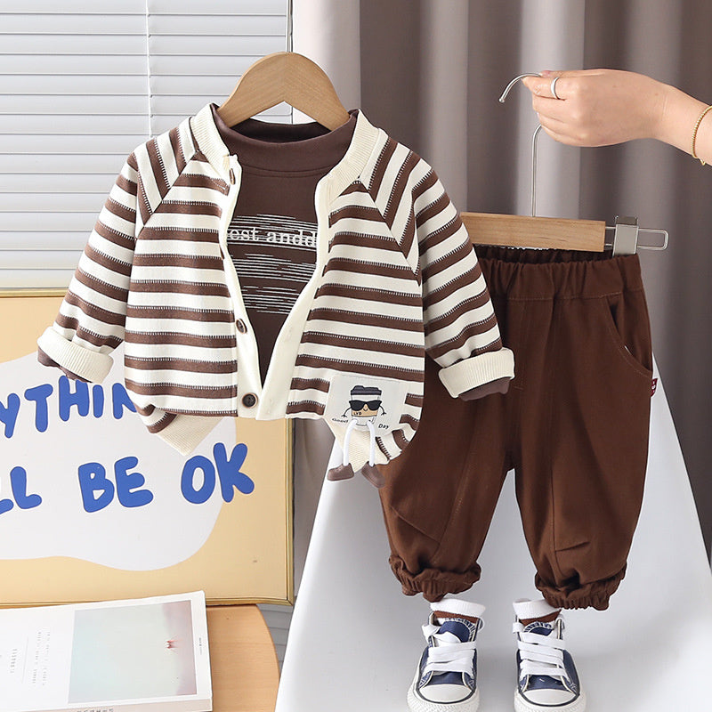 Boys' Outfit Stylish One-Year-Old Baby Spring and Autumn Striped Cardigan Three-Piece Set Infant Toddler Clothing Trendy