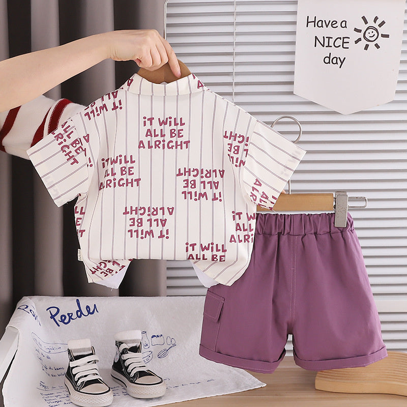 Boys' Outfit: Vertical Stripe Letter Print Short Sleeve Set, New Baby Summer Clothes, Lightweight Children's Shirt Three-Piece Trendy Set