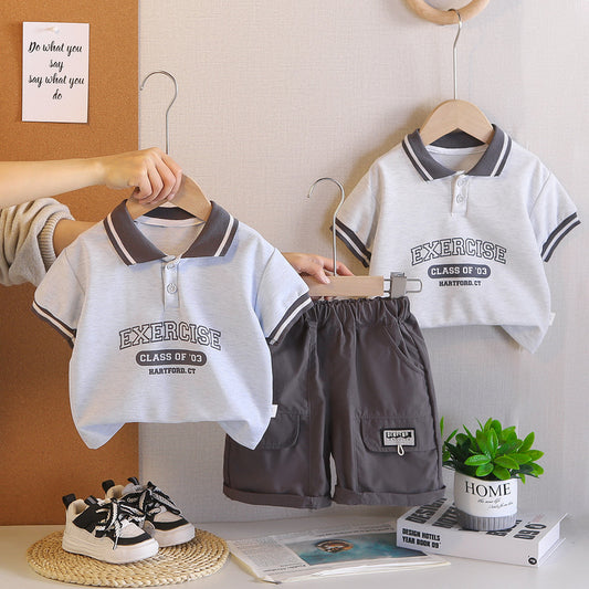 Children's clothing for boys, suit 2026 new model, baby outfit with letter print on the placket, short-sleeved boys' summer clothes, trendy