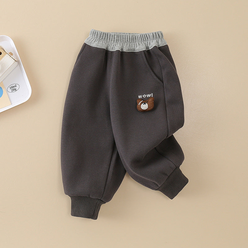 Baby Fleece-Lined Big Mouth Bear Autumn Winter Style Outerwear Boys Toddler Sweatpants Children's Sports Infant Long Pants