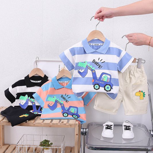 Boys' Outfit Set Korean Style Trendy Children's Striped Cartoon Excavator Short Sleeve Clothing for One-Year-Old Baby Summer Clothes