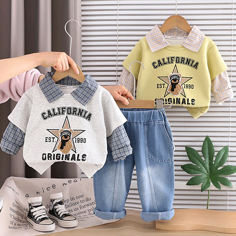 Baby clothes autumn, stylish casual, 2026 plaid bear long-sleeve sweatshirt two-piece set, trendy spring and autumn outfit for baby boys