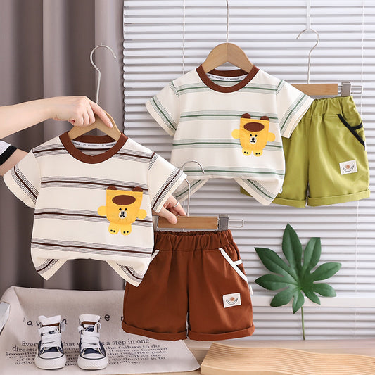 Children's Summer Outfit 2026 New Model Young Boys, Striped Bear Head Round Neck Short Sleeve Two-Piece Set with Shorts for Boys