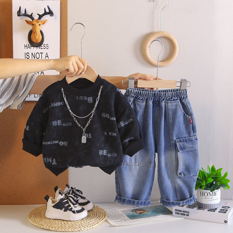 Boys' Spring Autumn Outfit 2026 New Style Baby Casual Round Neck Necklace Sweatshirt and Pants Two-Piece Set for 1-3-5 Years Old Trendy